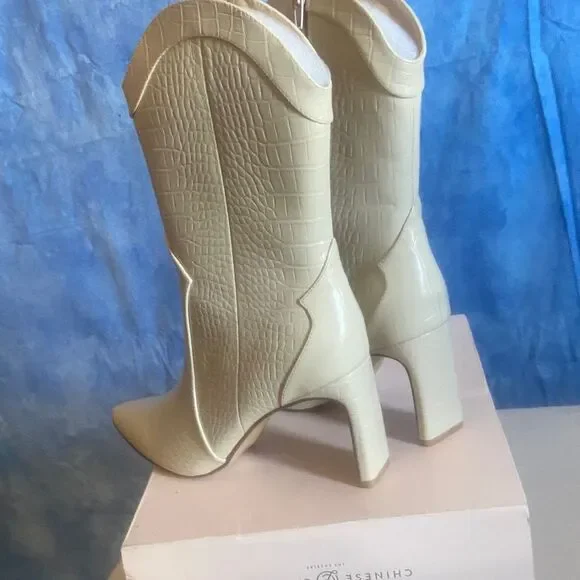 Cream Croc-Embossed Women's Boots, sz 10m, SL5-1501S005 - Picture 3 of 3